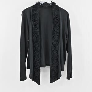 SAKS FIFTH AVENUE Cardigan Womens Sz XL Rosette Applique Trim Black Drape Cotton